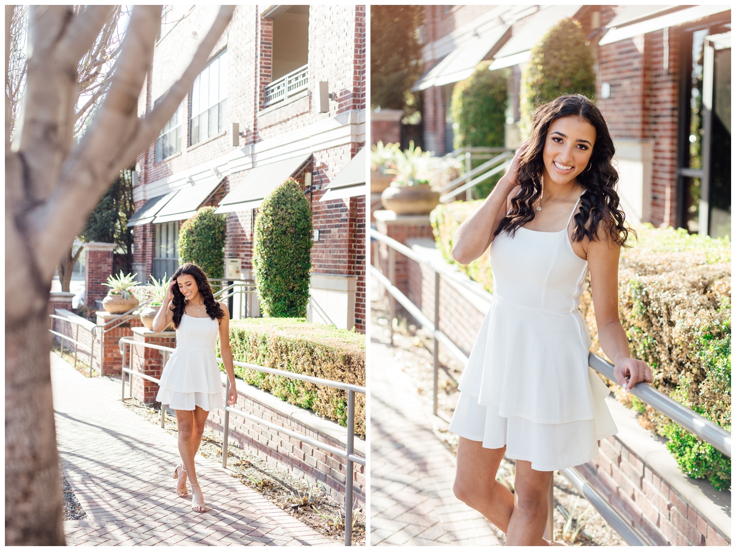 girl walking on sidewalk in downtown Houston in a white dress