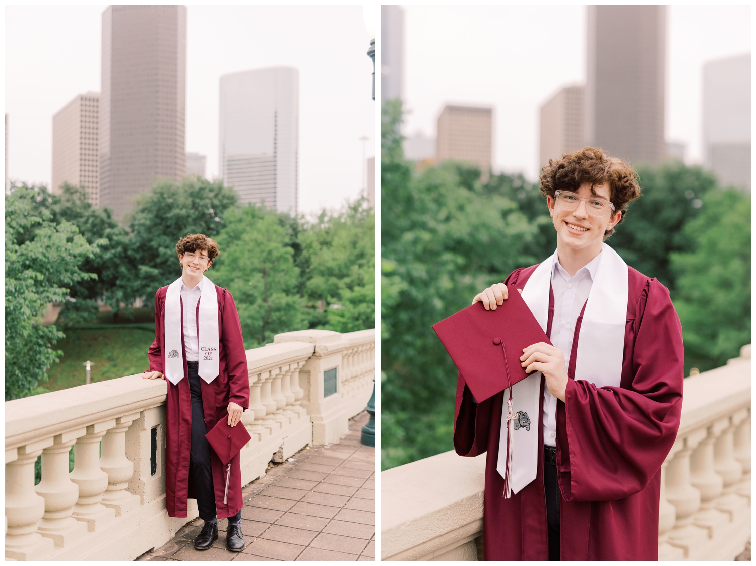 senior in graduation cap and gown in front of Houston skyline
