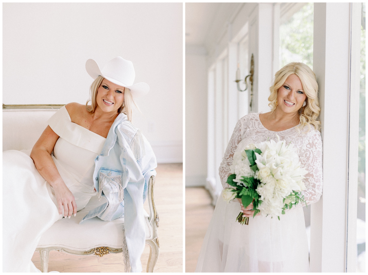 bride with monogrammed denim jacket and portrait holding white bouquet inside The Creative Chateau in Houston, Texas