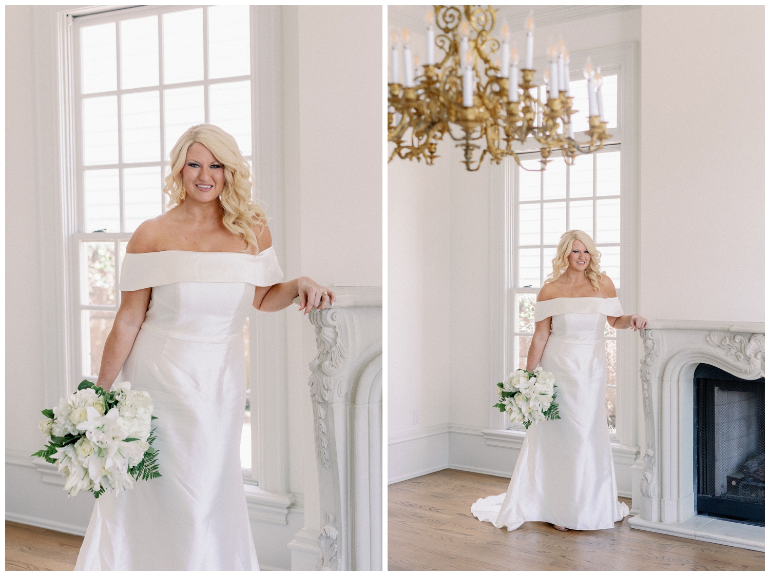 bride in white wedding gown leaning on fireplace in Houston, Texas at The Creative Chateau