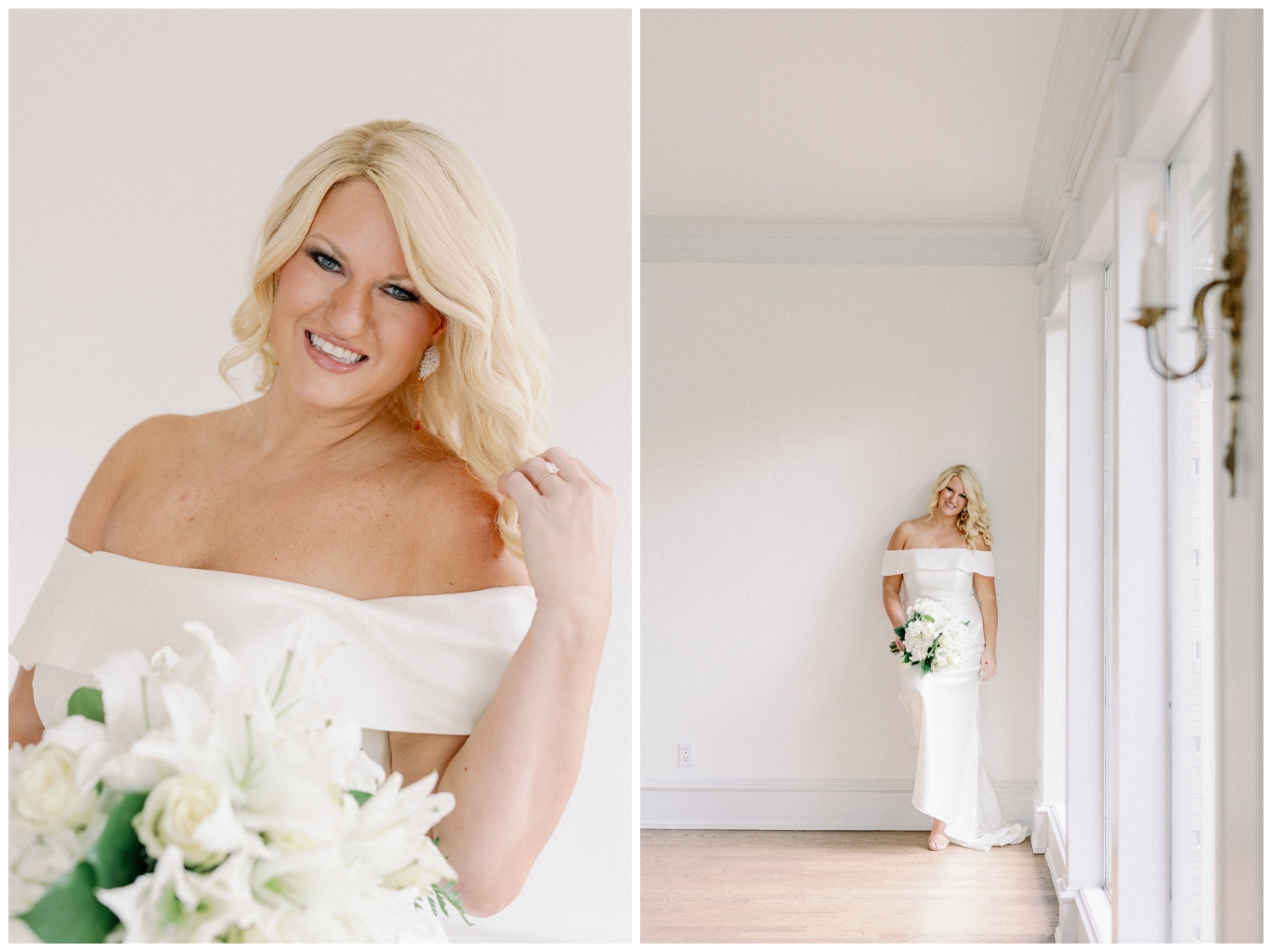 bridal portraits with white wedding gown and all white bouquet