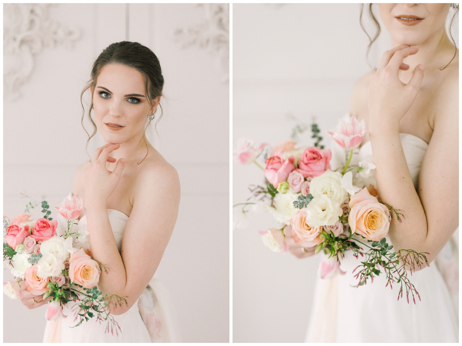 bridal portrait with pink, white and peach bouquet