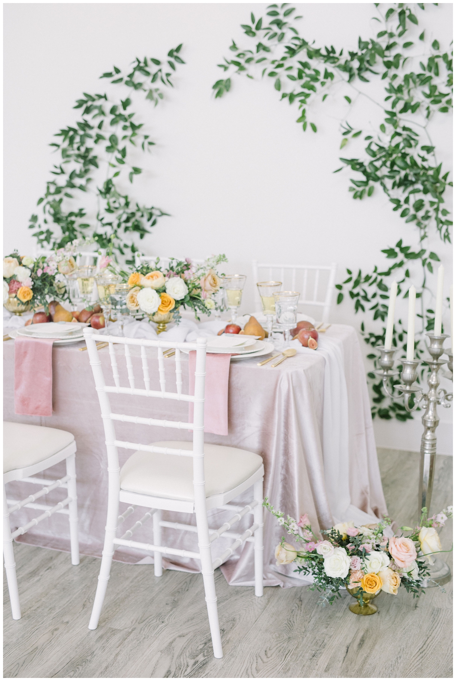 pink and white tablescape with florals, pears and figs at Brighton Abbey in Aubrey, Texas