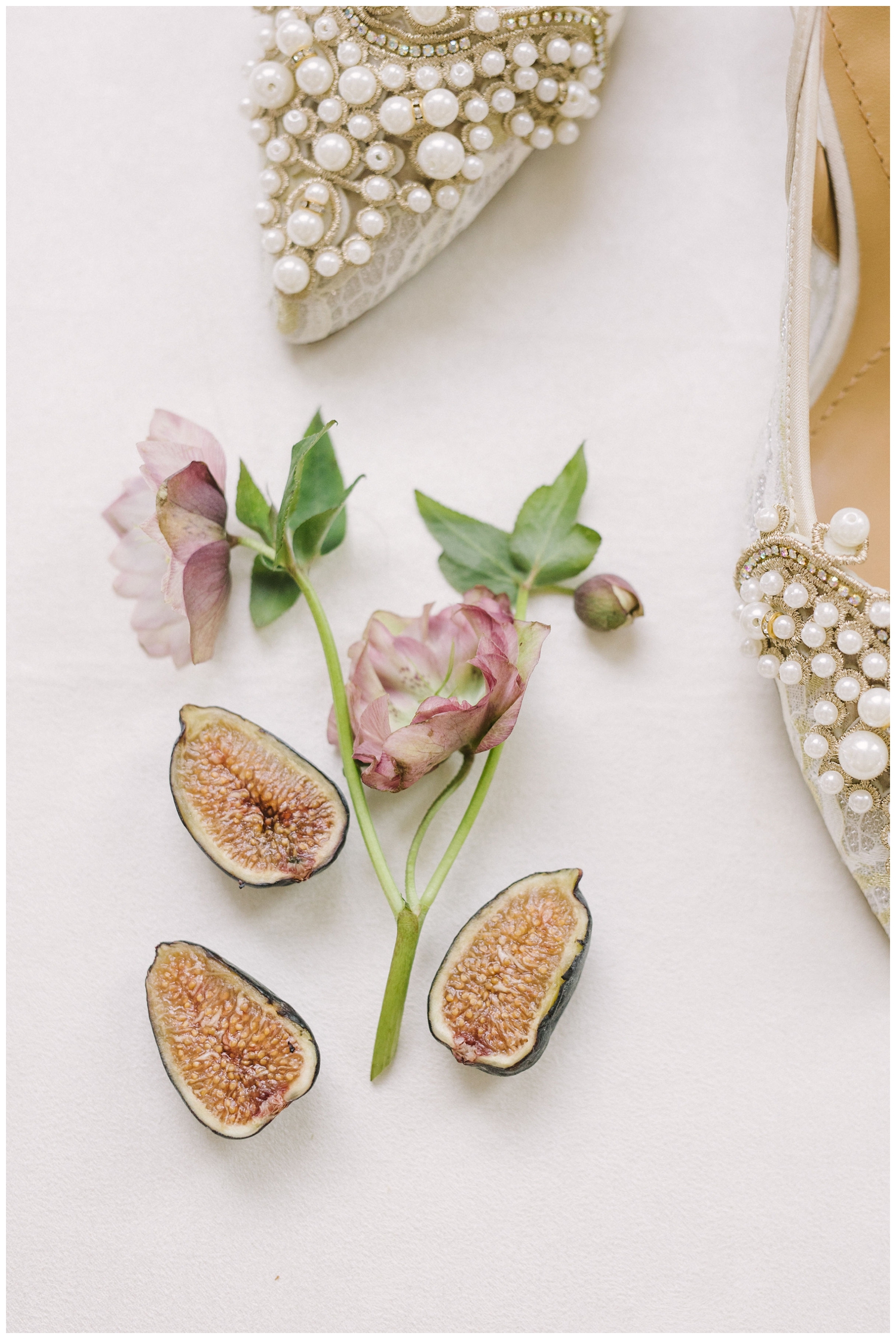 pearl heels with figs and floral for flatlay