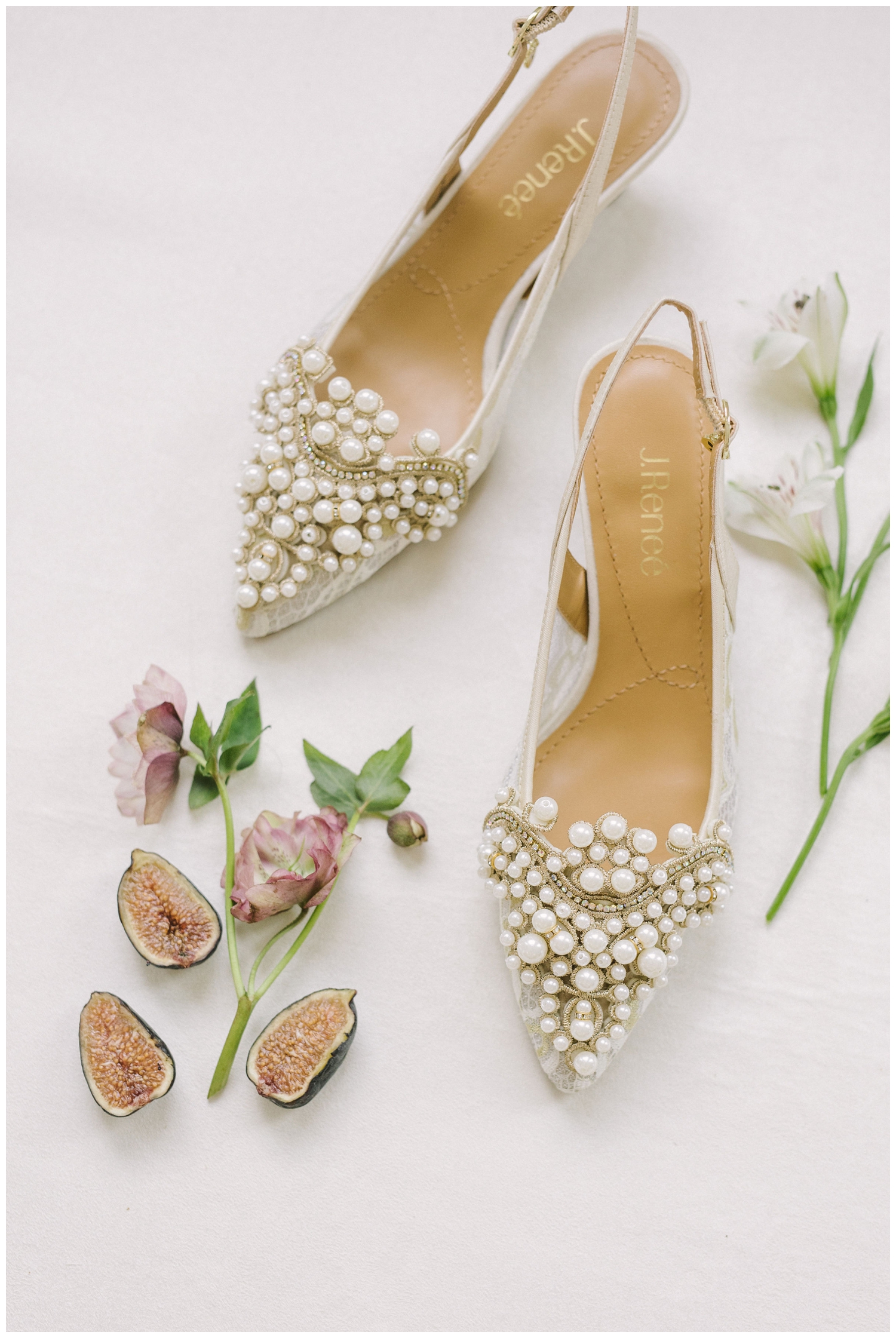 pearl heels with florals and figs surrounding them