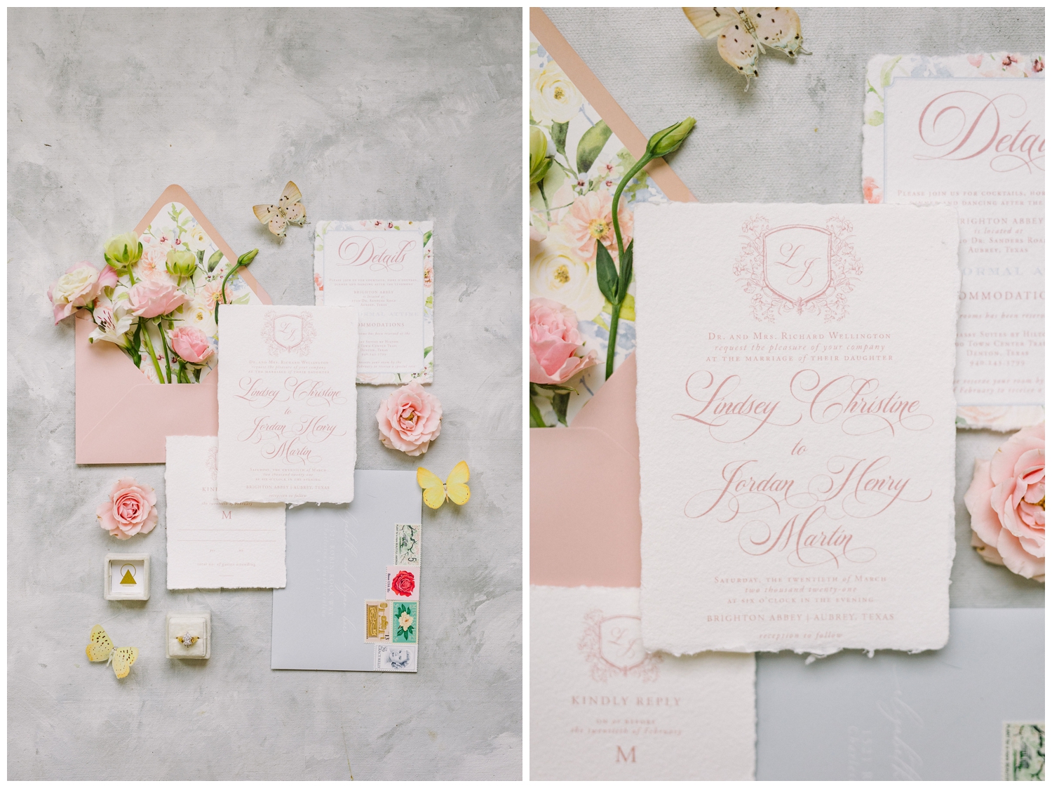 pink and white invitation suite flaylay design