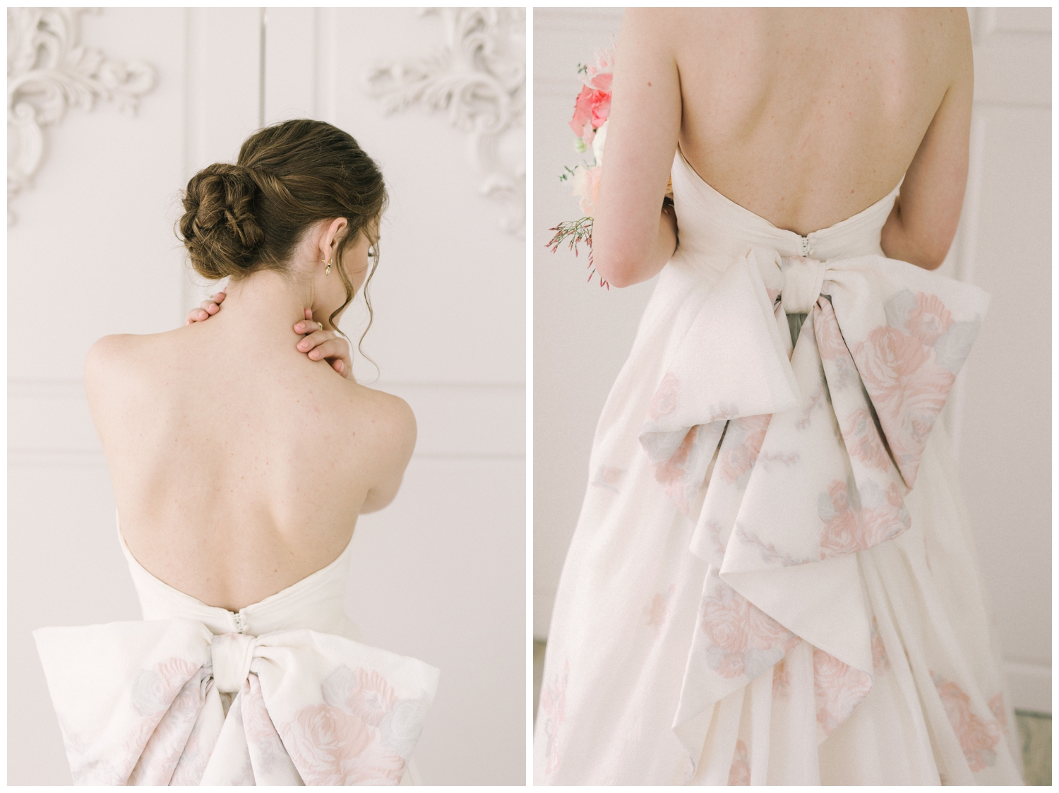 white wedding gown with pink floral pattern and bow on the back inside the Brighton Abbey wedding chapel