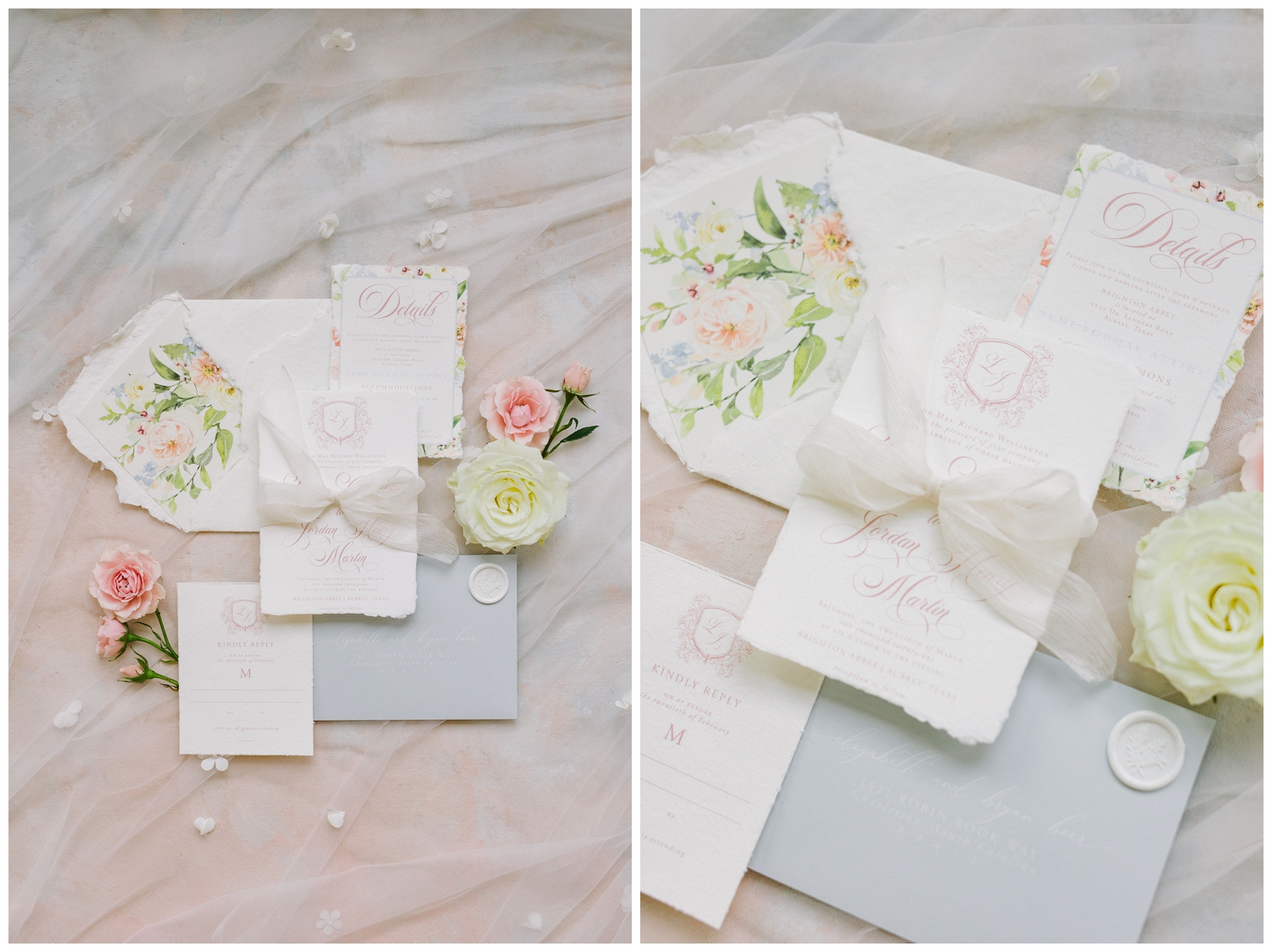 white invitation suite with bow