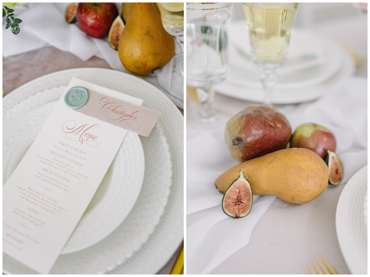white placesetting surrounded by pears and pigs on tablescape inside Brighton Abbey