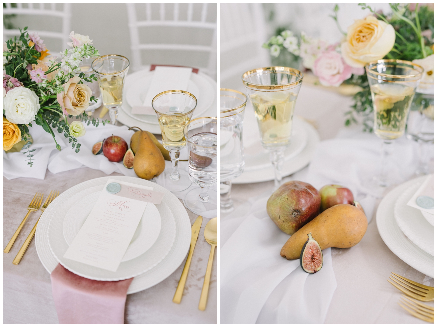 white place setting with pink linens, pears and figs and white menu card for Brighton Abbey wedding shoot