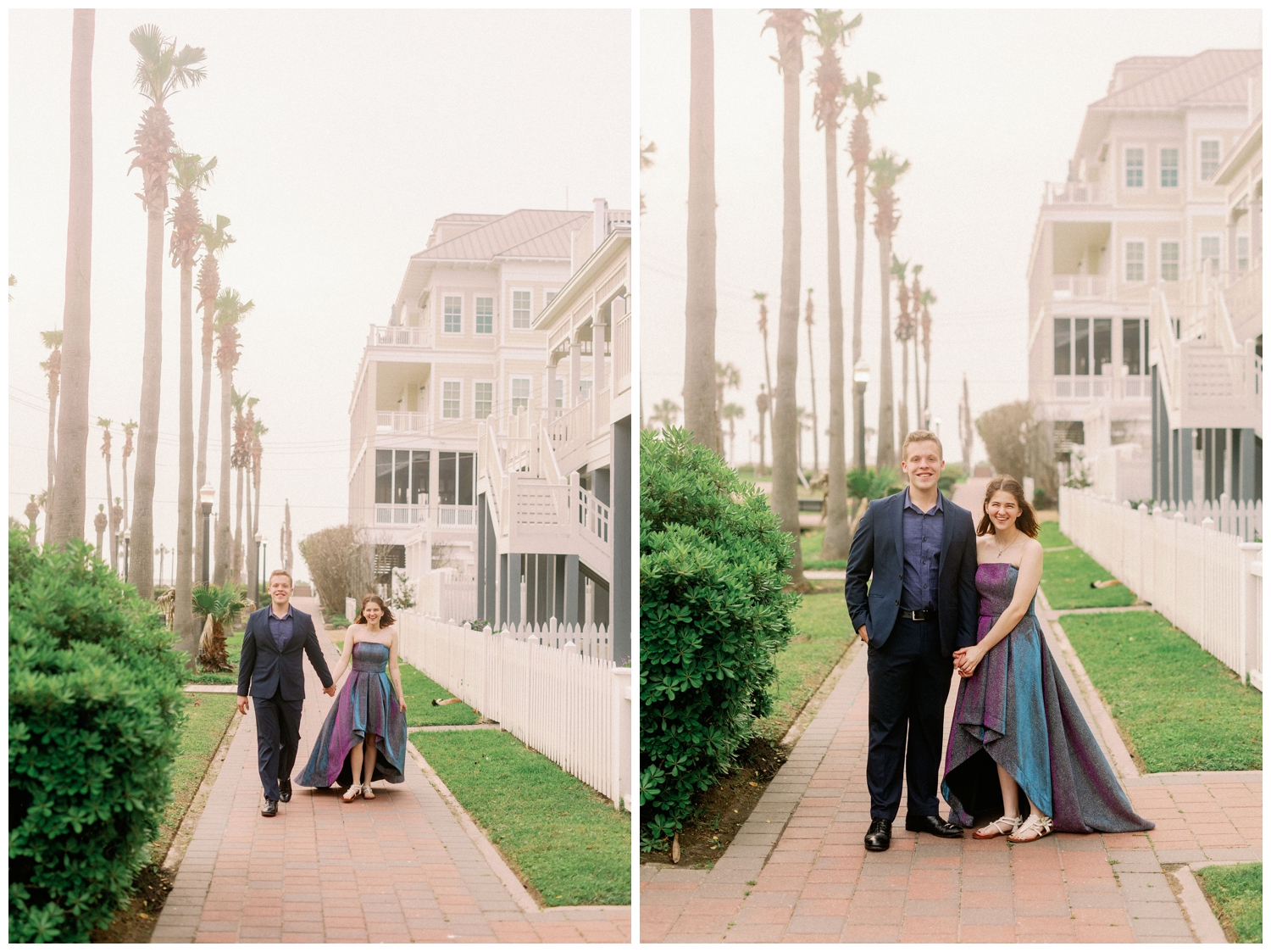 couple in blue suit and long dress walking on boardwalk Galveston Beach engagement session