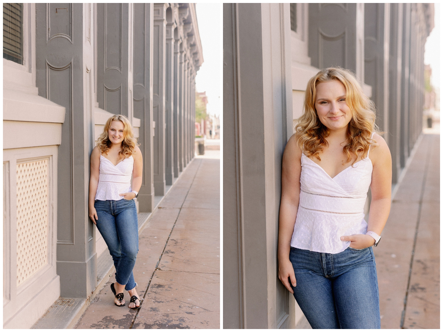 girl in white shirt and jeans leaning against a wall Galveston beach senior pictures