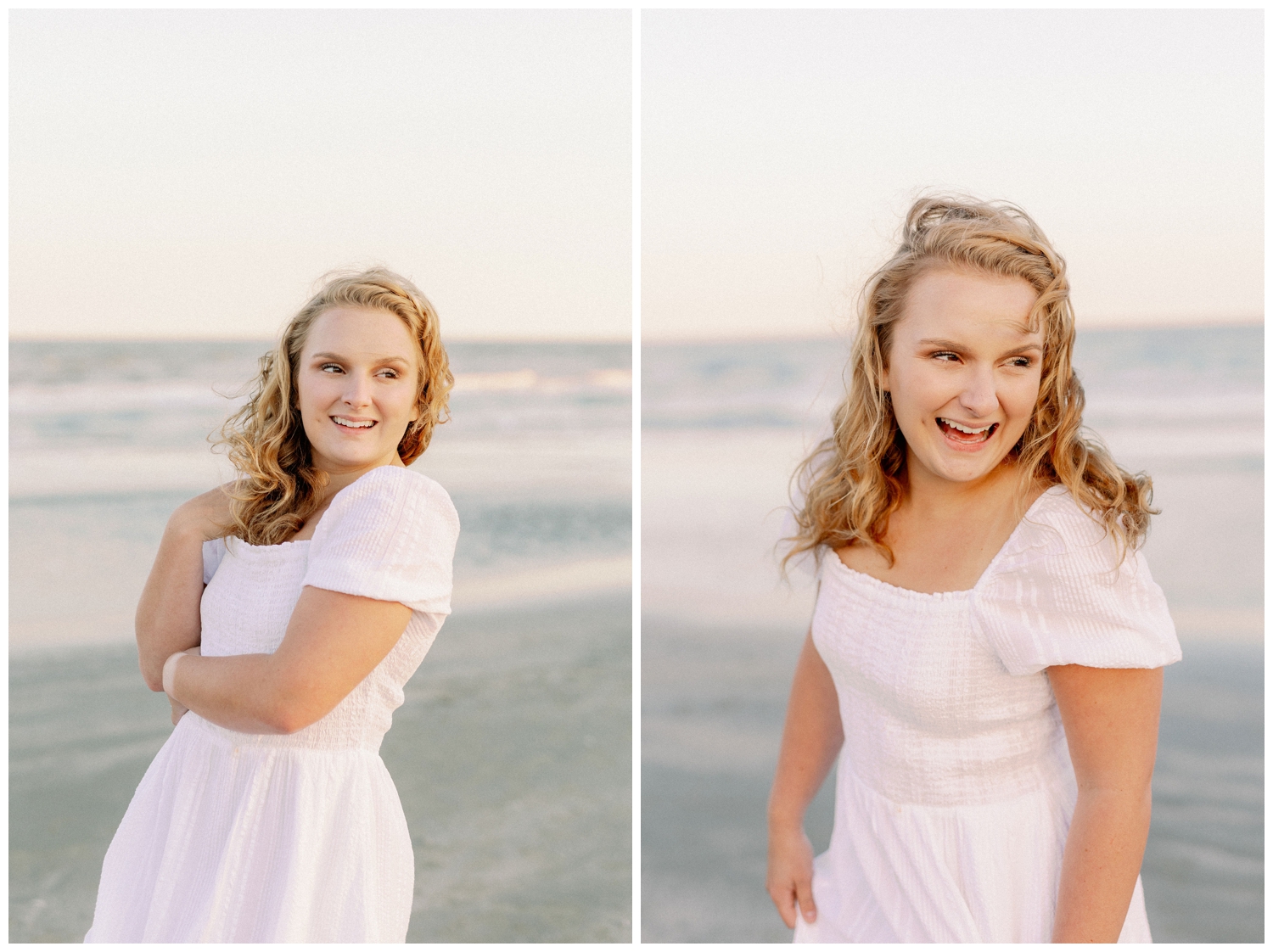 girl in white dress on the beach for Galveston beach senior pictures