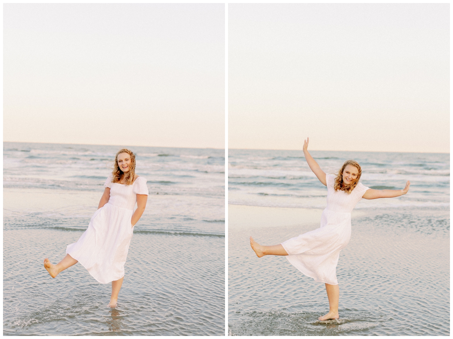 girl kicking water Galveston beach senior pictures