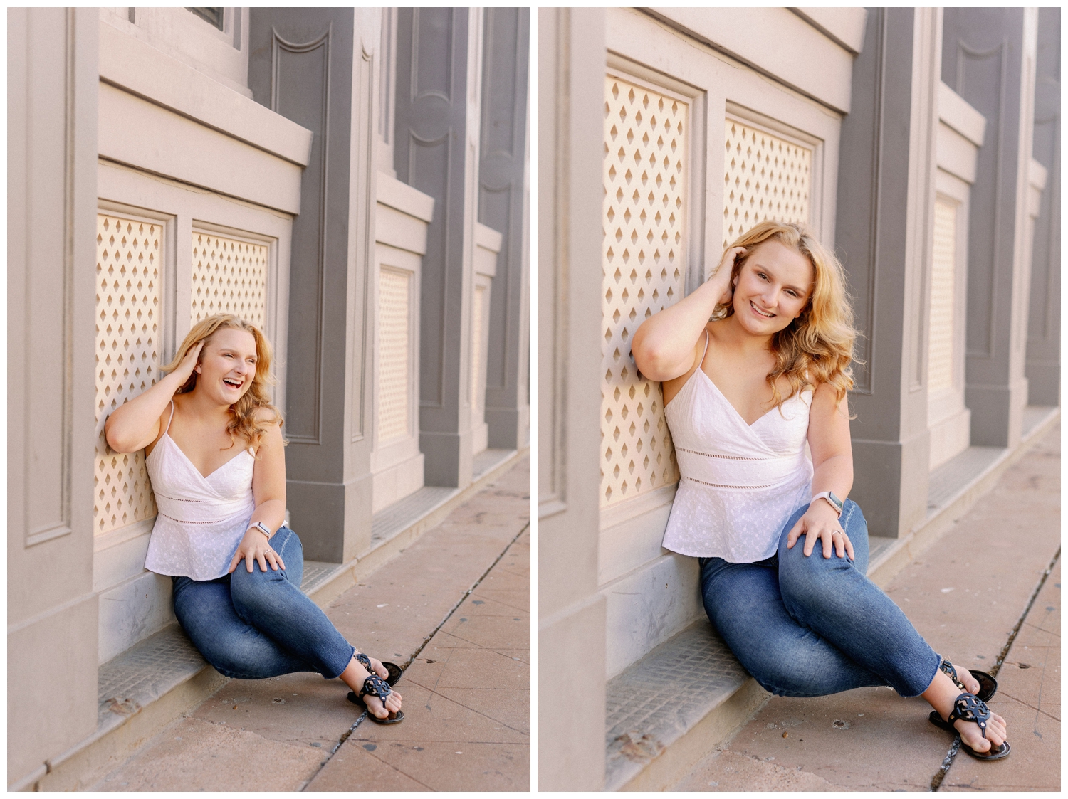 girl in jeans and white shirt sitting against wall on The Strand in Galveston, Texas