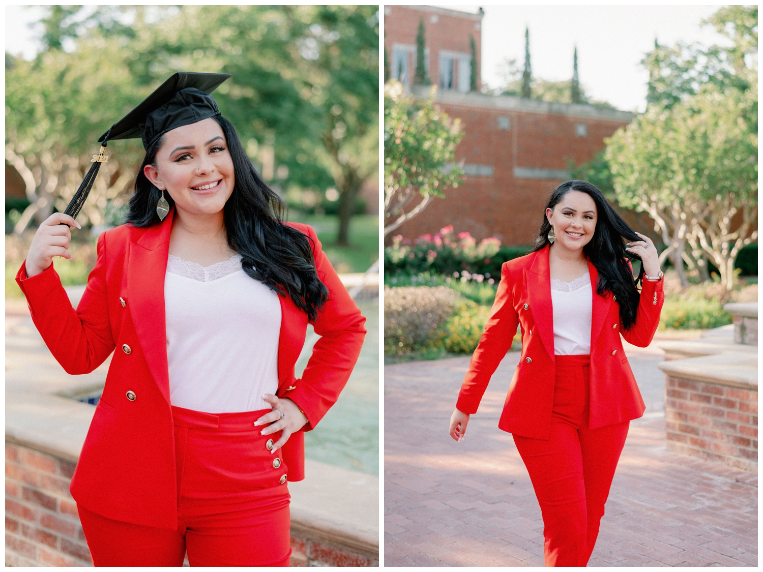 girl in red suit walking by fountain at Houston Baptist University senior photography