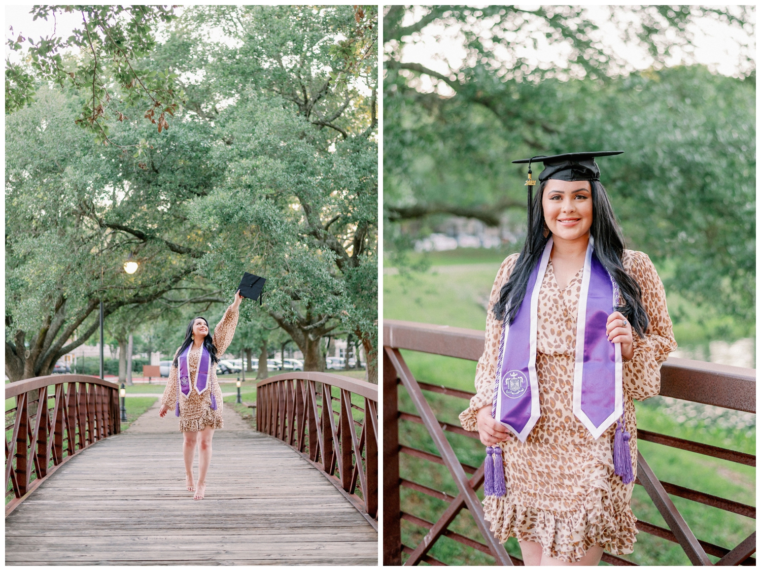 girl standing on bridge at Houston Baptist University in dress with graduation gown and stole