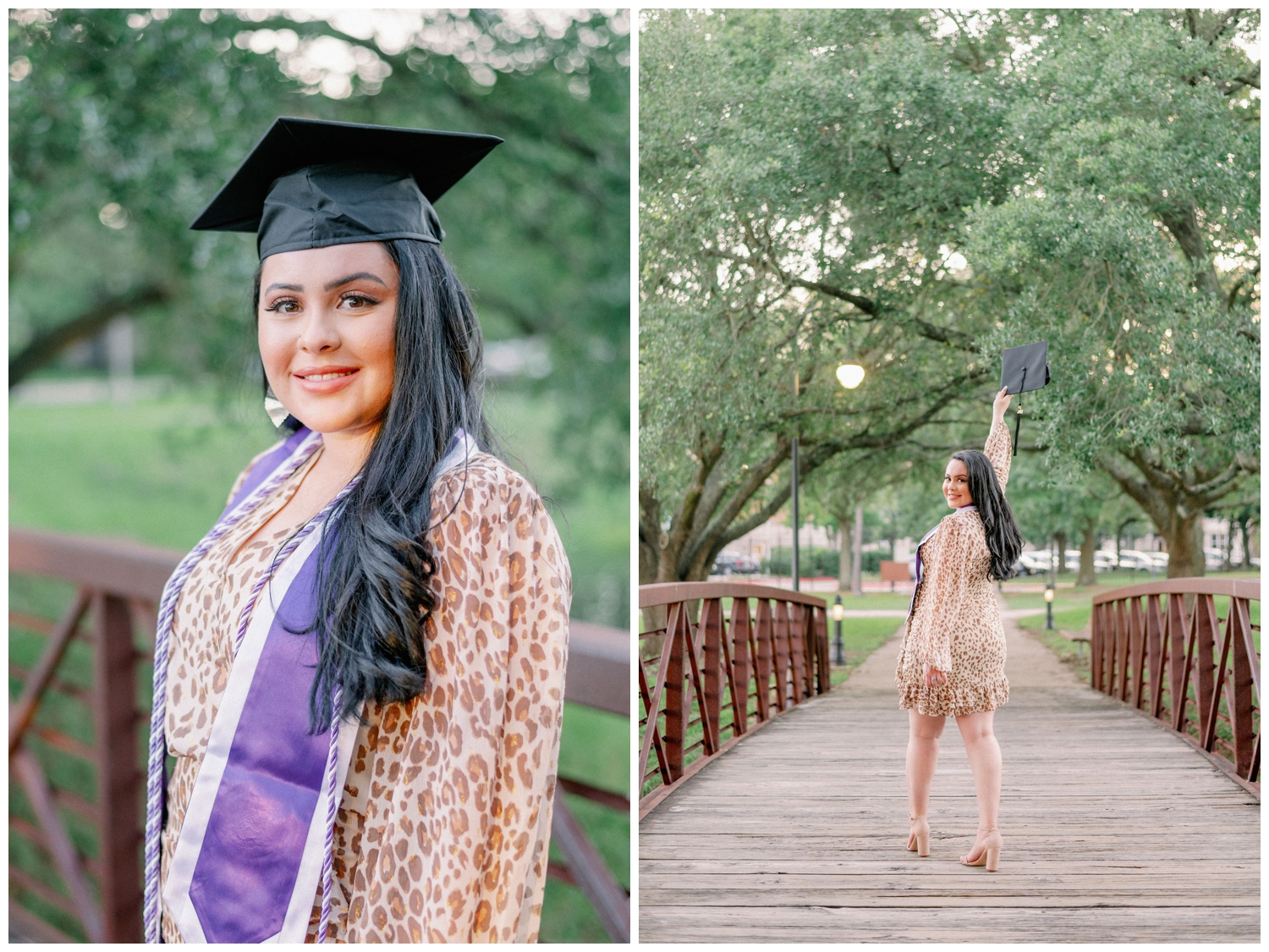 girl on a bridge at Houston Baptist University holding graduation cap and stole standing on a bridge on the campus of Houston Baptist University in Houston Texas