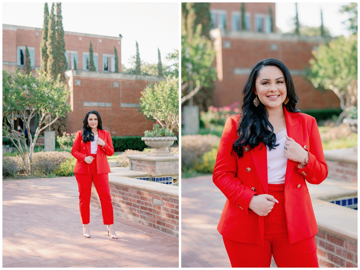 girl in a red suit holding jacket