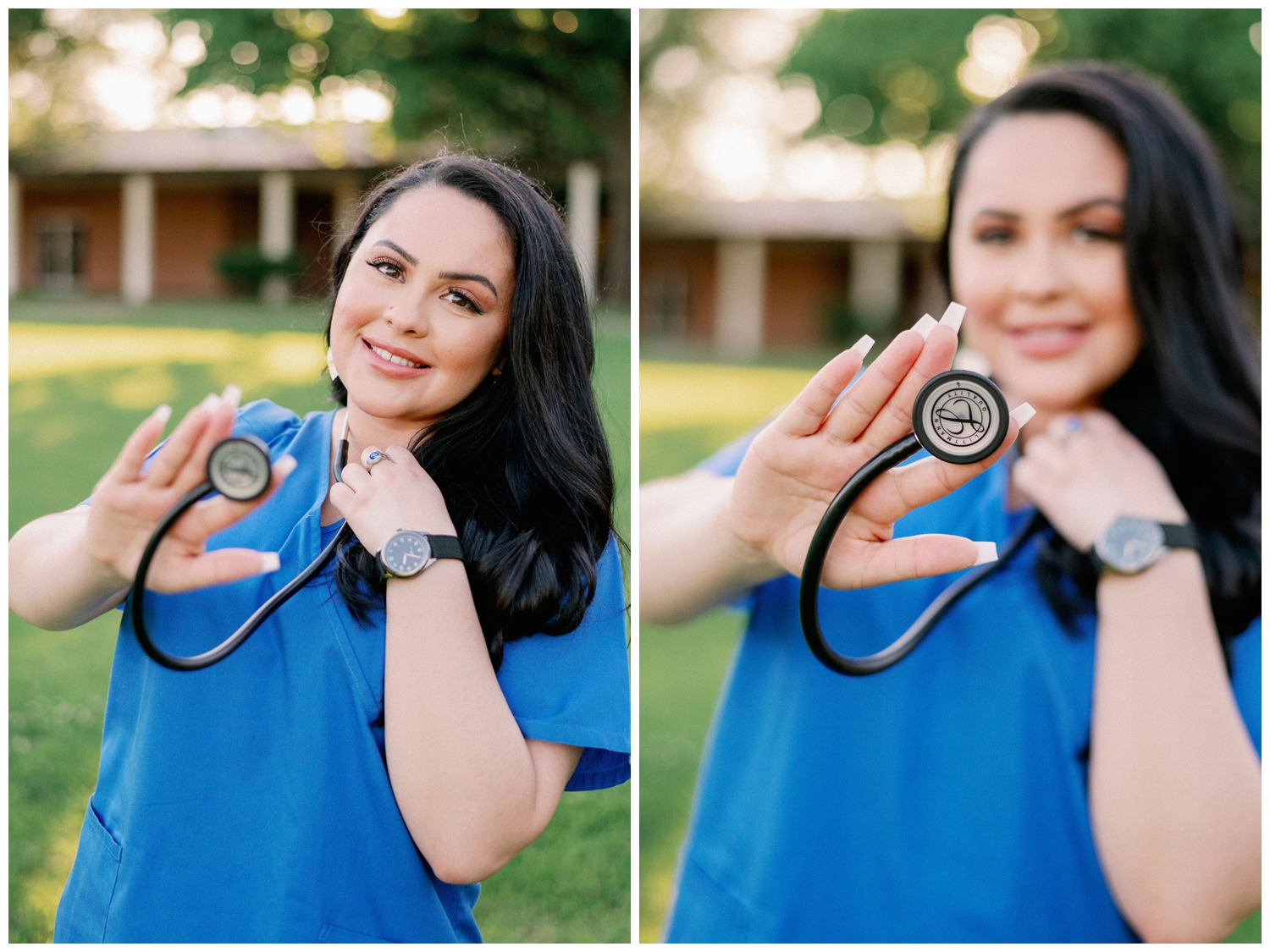 girl in blue scrubs holding stethoscope outdoors in Houston, Texas