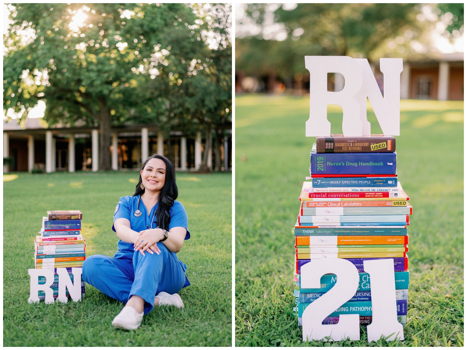 girl sitting on lawn at Houston Baptist University with nursing textbooks