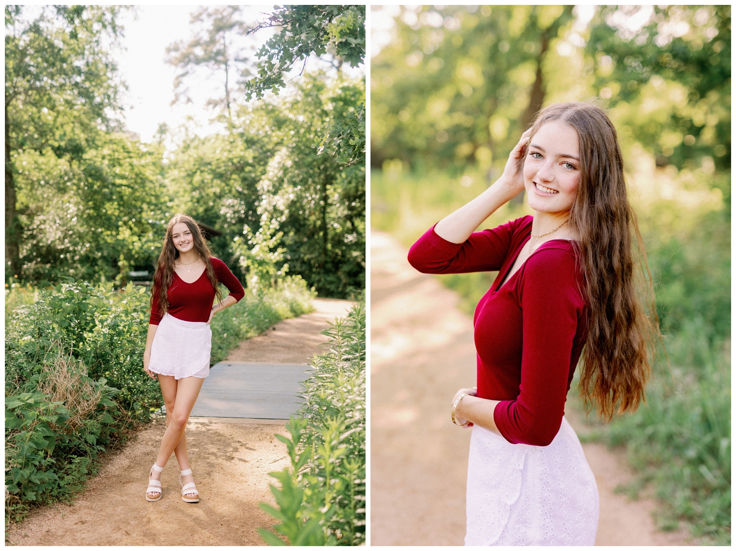 girl in maroon shirt and white skirt standing on sidewalk for Houston Garden senior session at Houston Arboretum