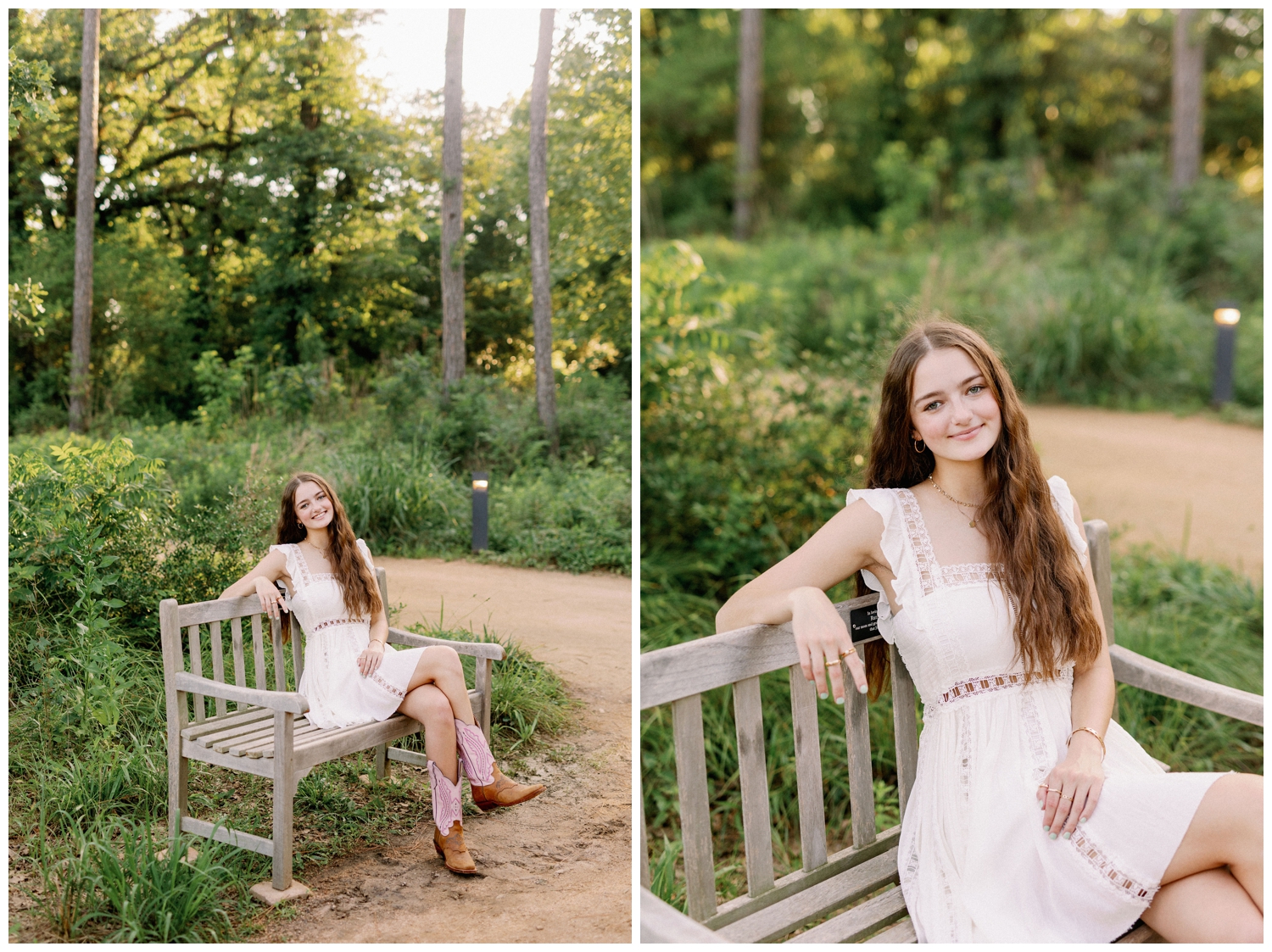 girl in white dress with cowboy boots sitting on bench
