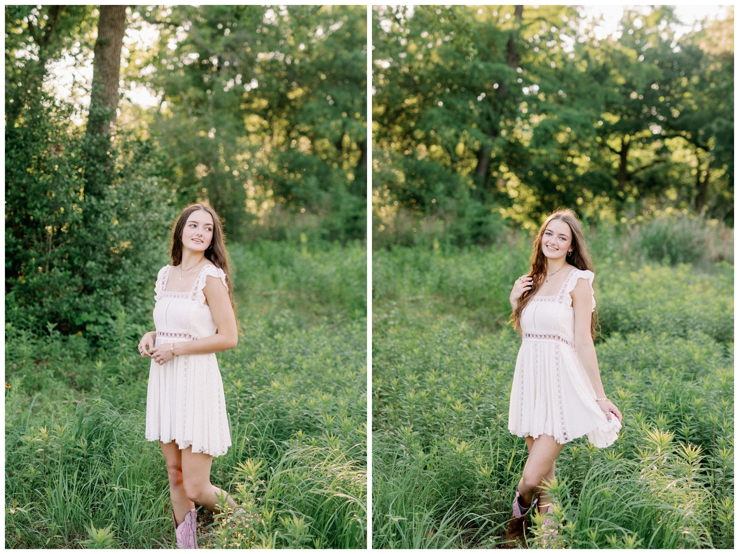 girl standing in white sundress with cowboy boots in a Houston Arboretum field for Houston senior garden session