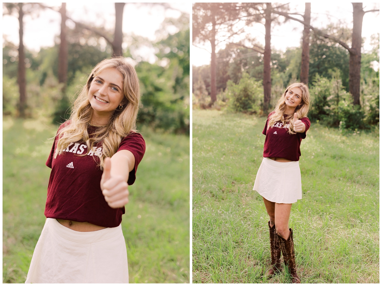 girl in white skirt and Aggie tshirt in a field