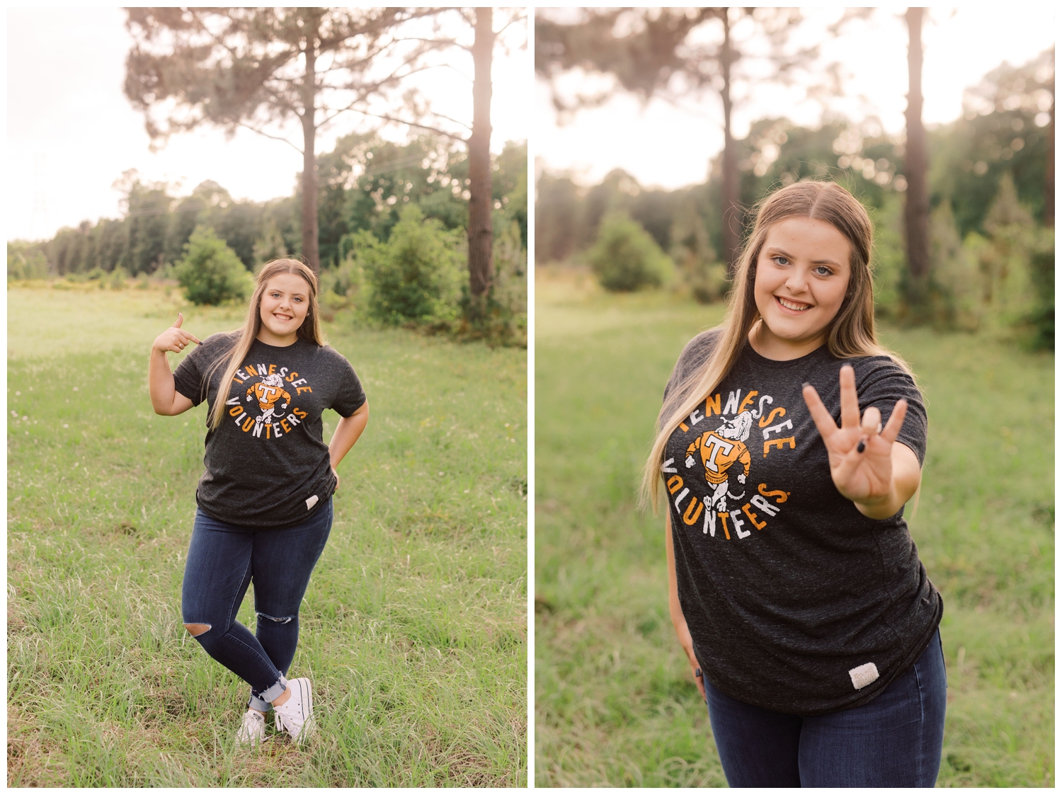 girl standing in a field making hand signs for her college for Houston Senior Model Team