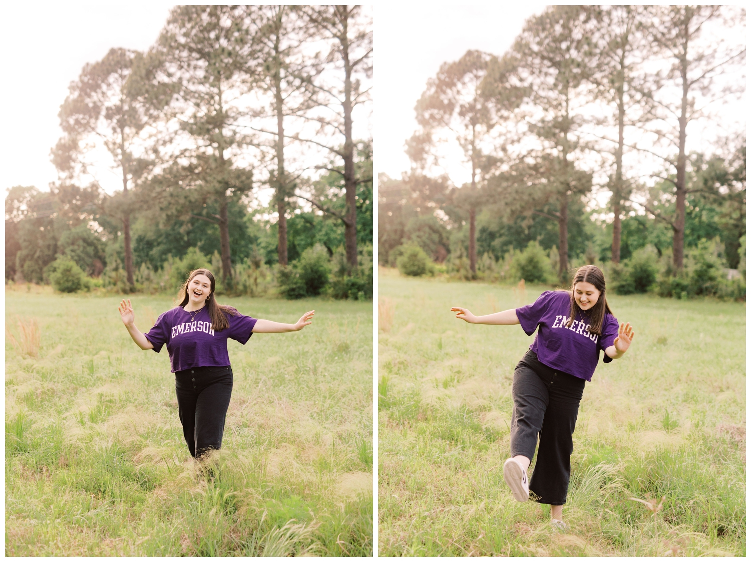 girl frolicking in a field in college tshirt for Houston Senior Model Team