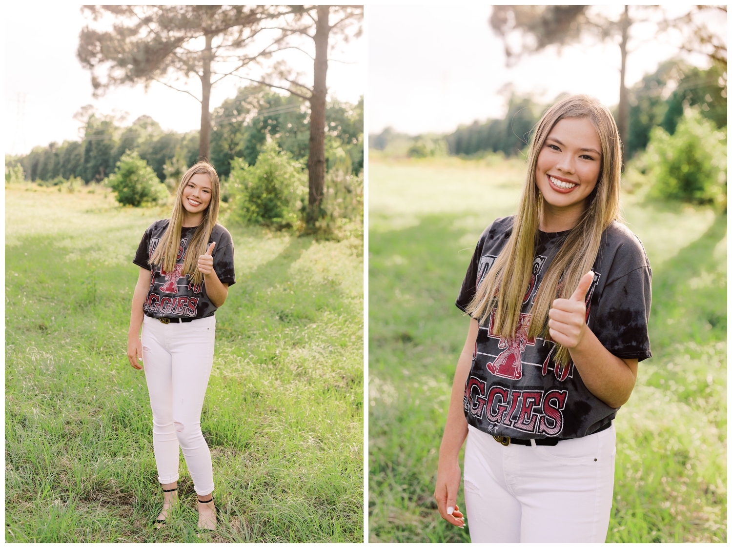 girl holding out gig em sign standing in field in college t-shirt in Houston, Texas