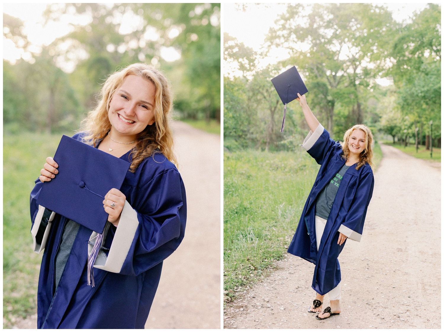 girl standing on sidewalk in Houston, Texas in graduation cap and gown