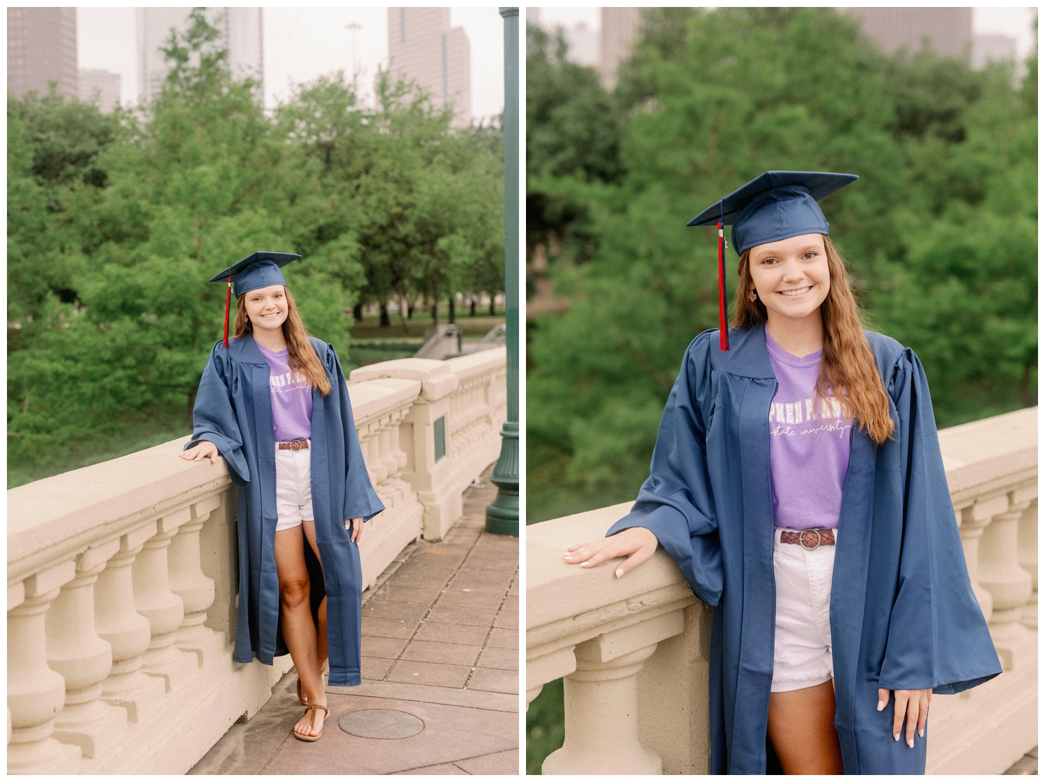 girl standing on Sabine bridge in cap and gown posing for Houston senior model team