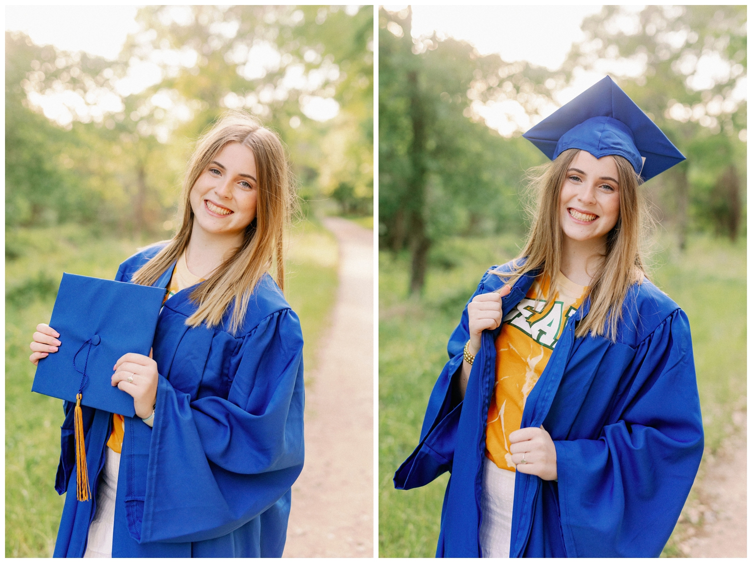 girl holding graduation cap posing in blue cap and gown