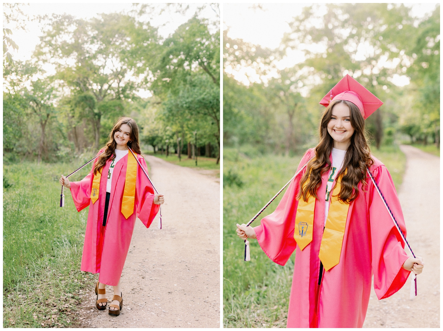 girl in pink grad cap and gown for Houston Senior Model Team