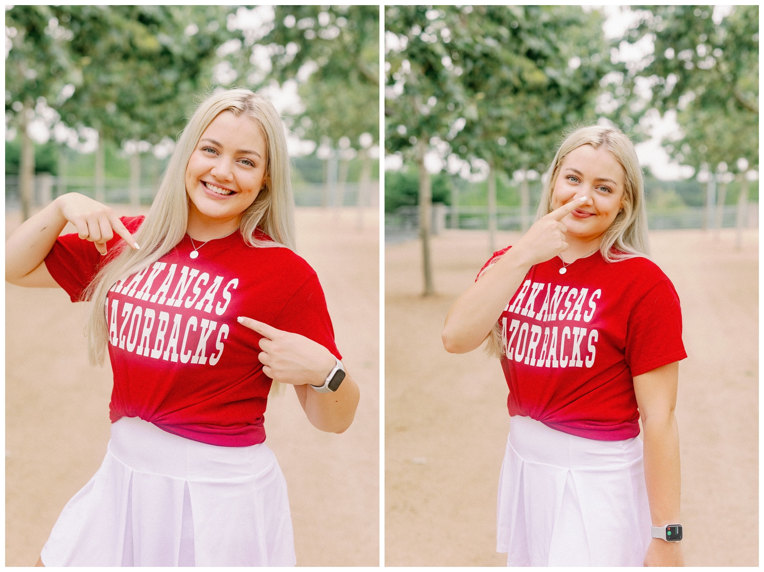 girl in red college t-shirt with finger on nose for Houston senior model team in downtown Houston