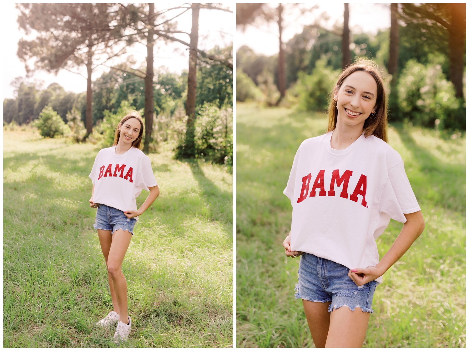 girl standing in field in college tshirt for Houston Senior Model Team