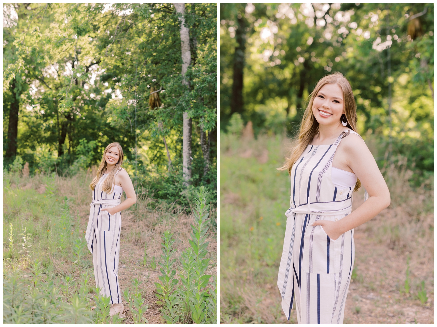 girl in striped jumpsuit standing in a field for a senior photographer Houston Arboretum
