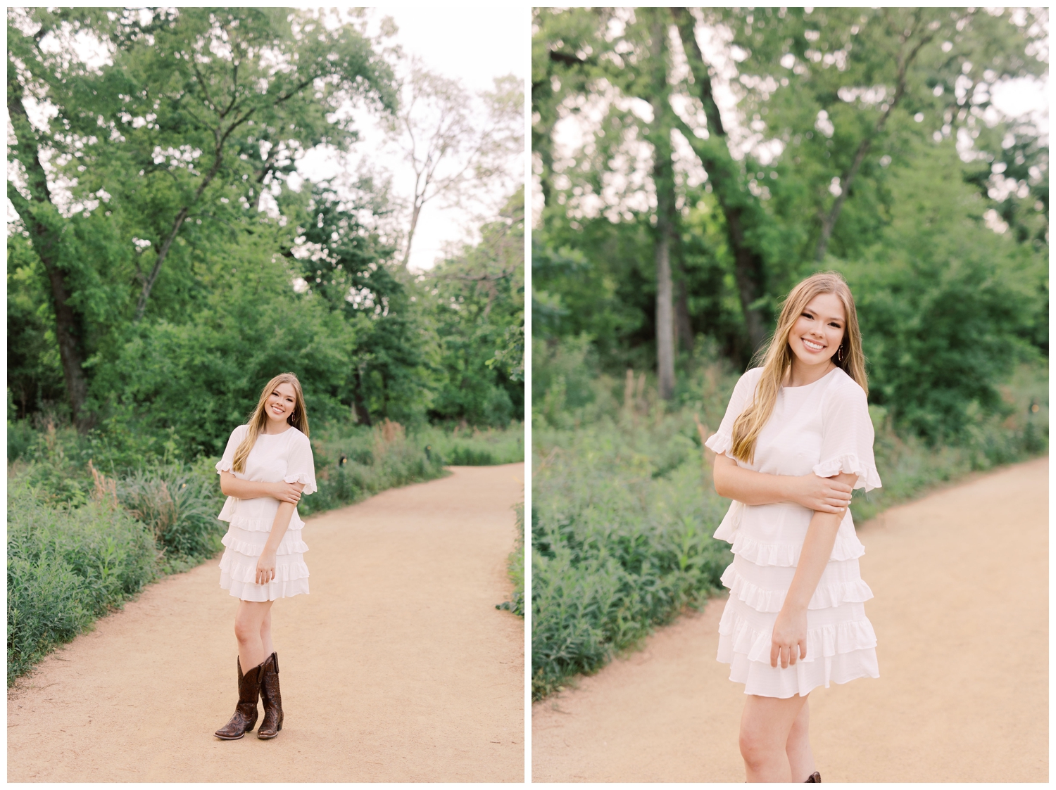 girl in white dress and boots standing on a sidewalk for senior photographer Houston Arboretum