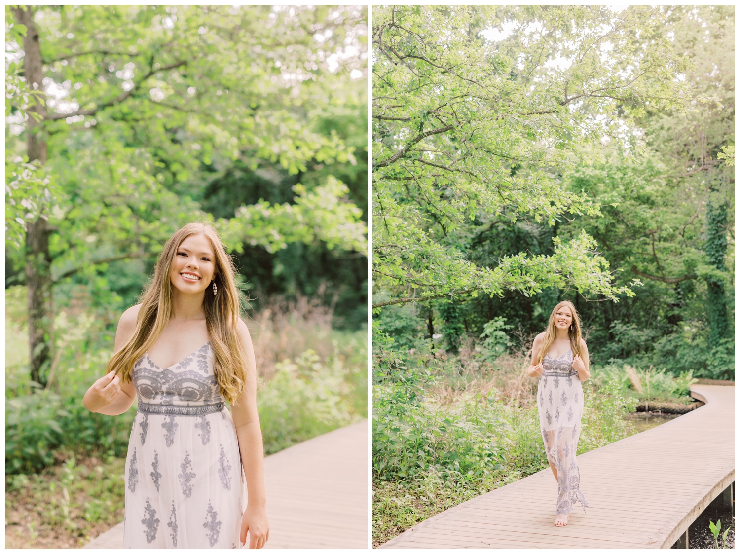 girl walking and smiling on a bridge at Houston Arboretum