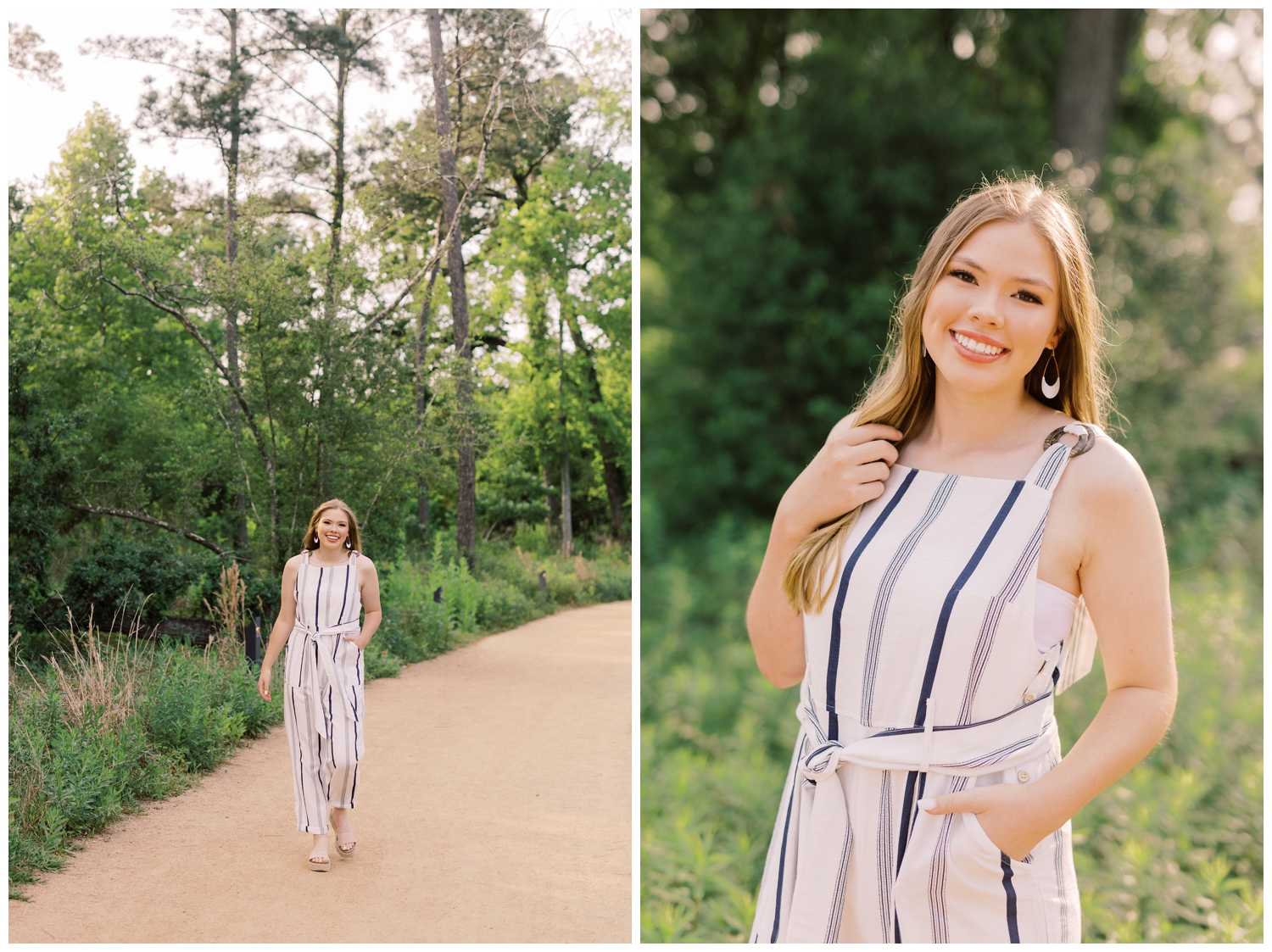 girl in a jumpsuit walking on a pathway