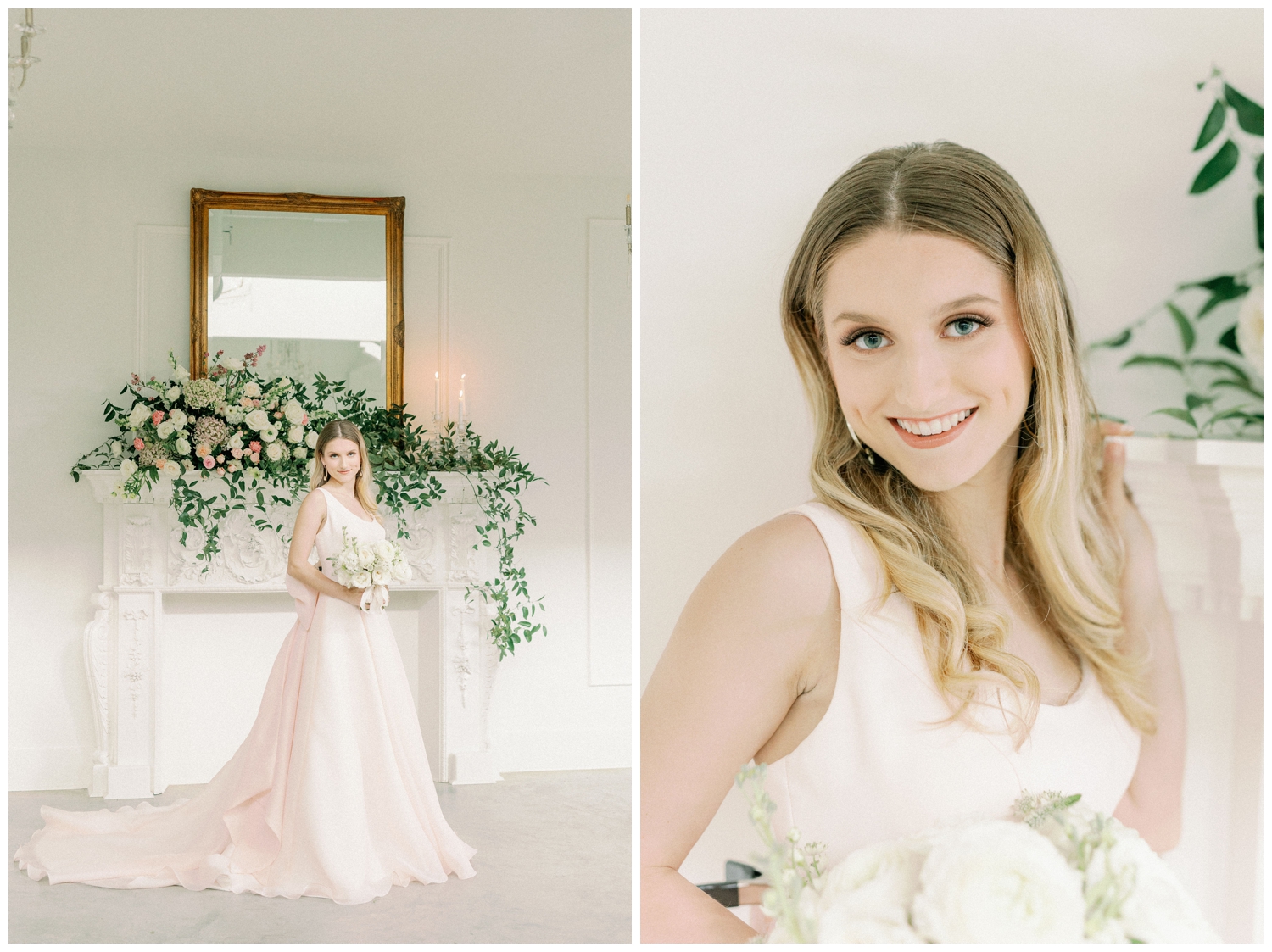 bridal portraits at The Peach Orchard in front of mantle with florals