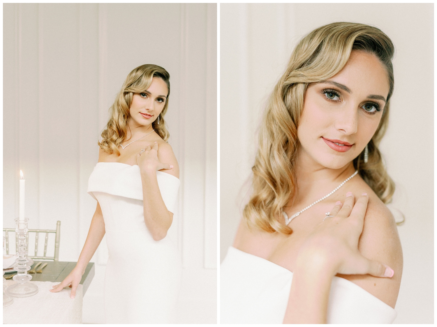 bridal portraits in white straight wedding gown