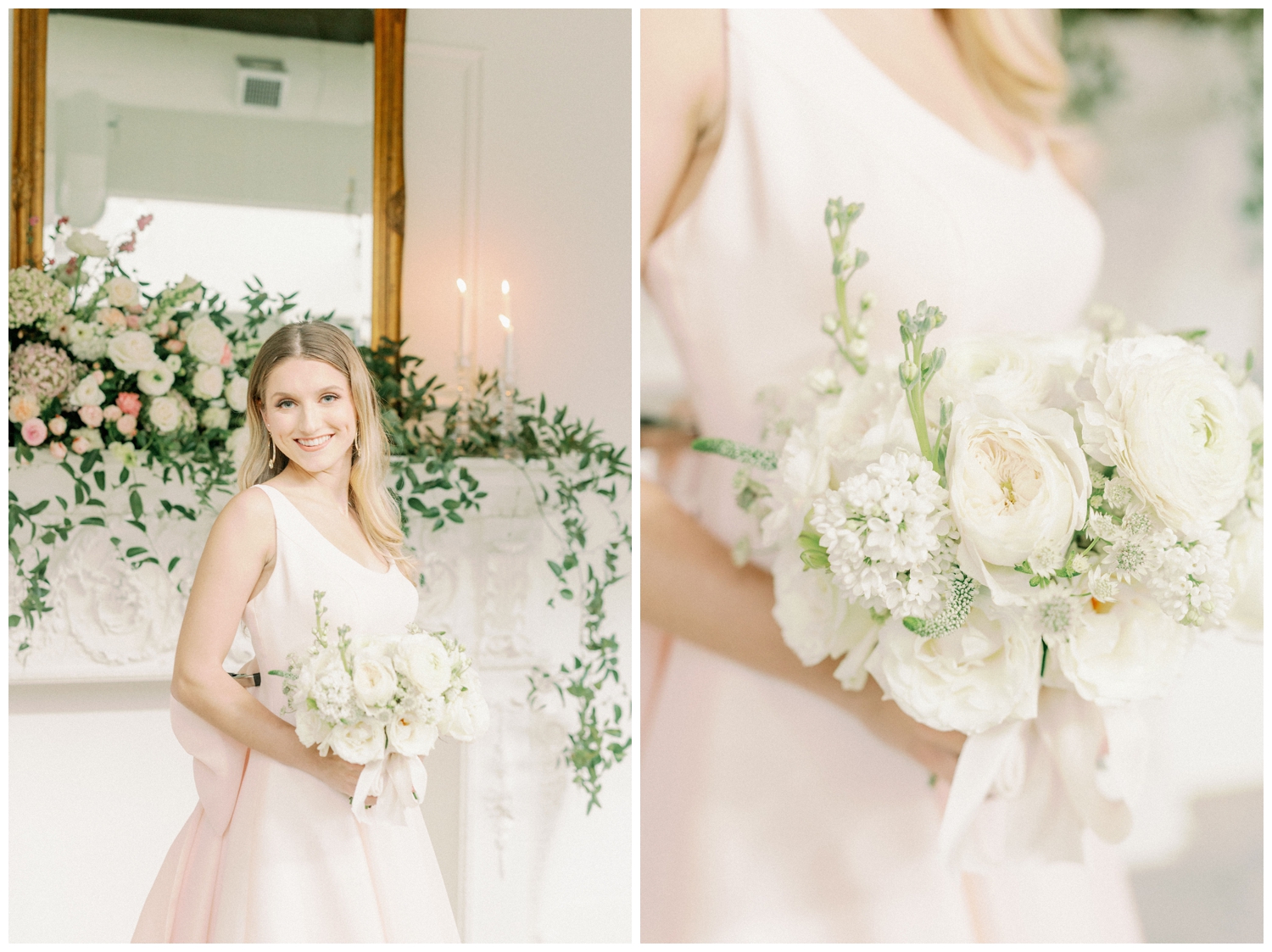 bride in pink wedding gown holding white floral bouquet