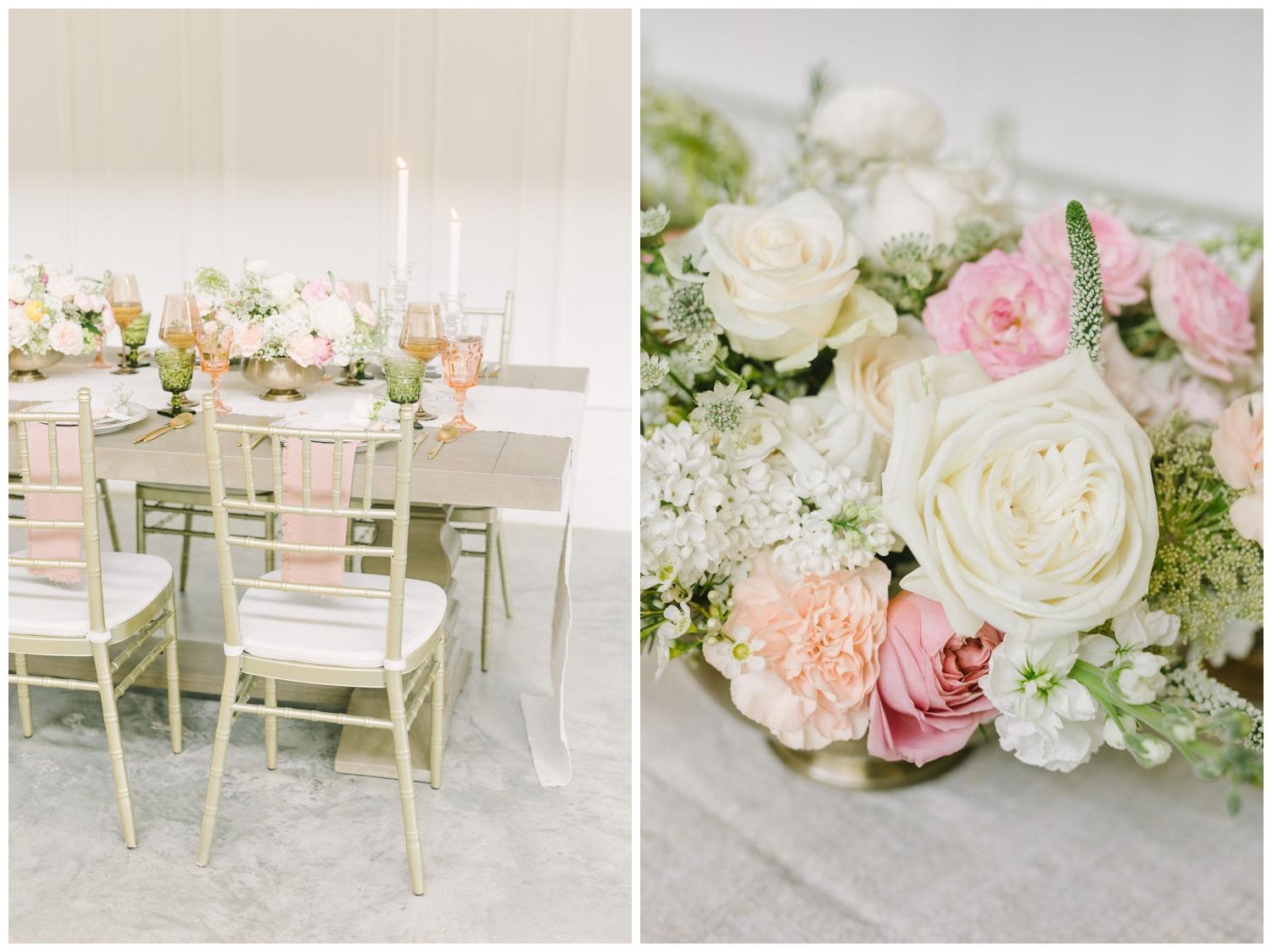 farmhouse table with pink and blush florals