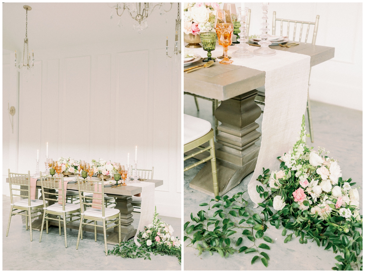 farmhouse table with floral display on the floor