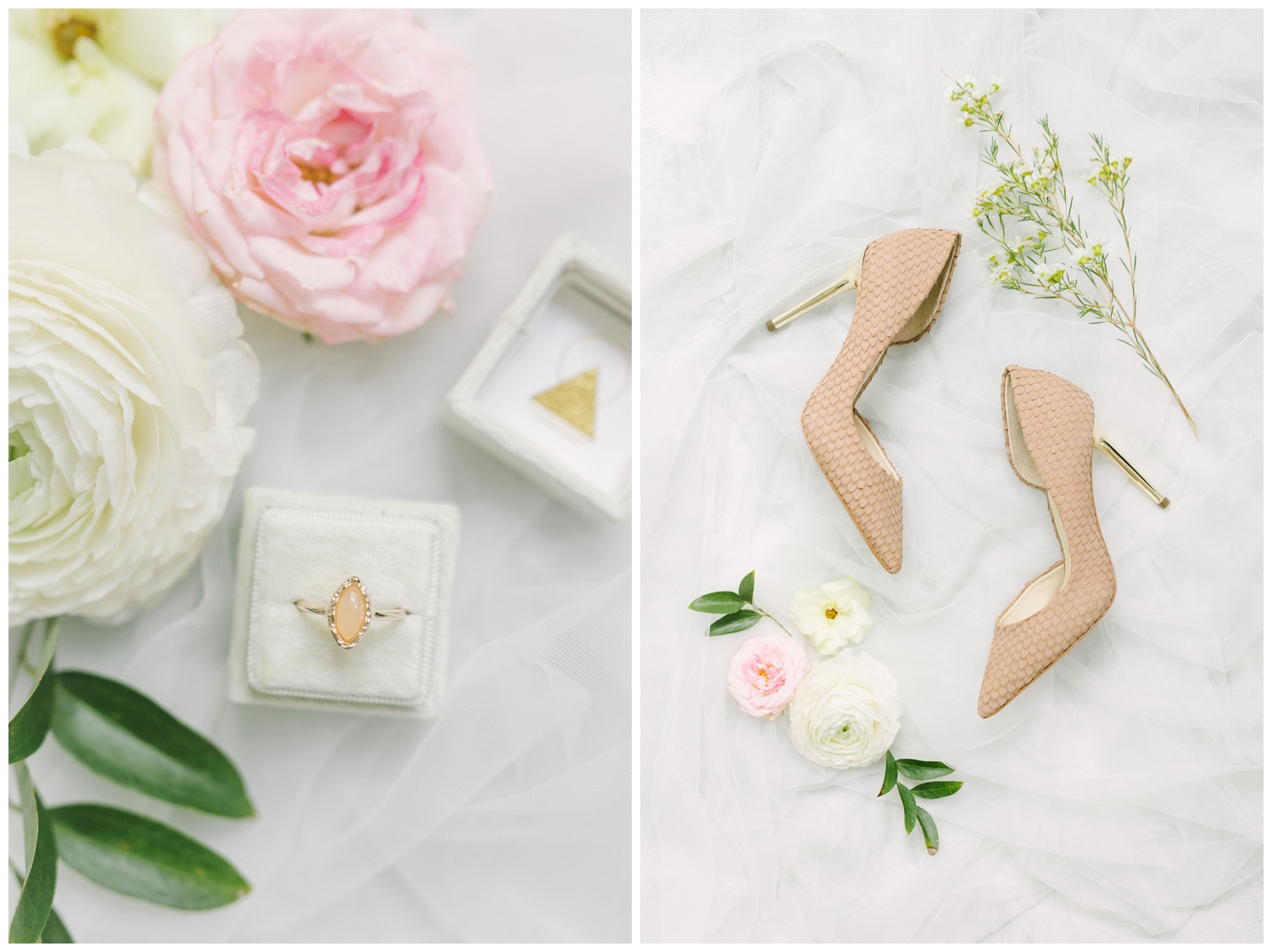 wedding heels with peach ring and floral flatlay