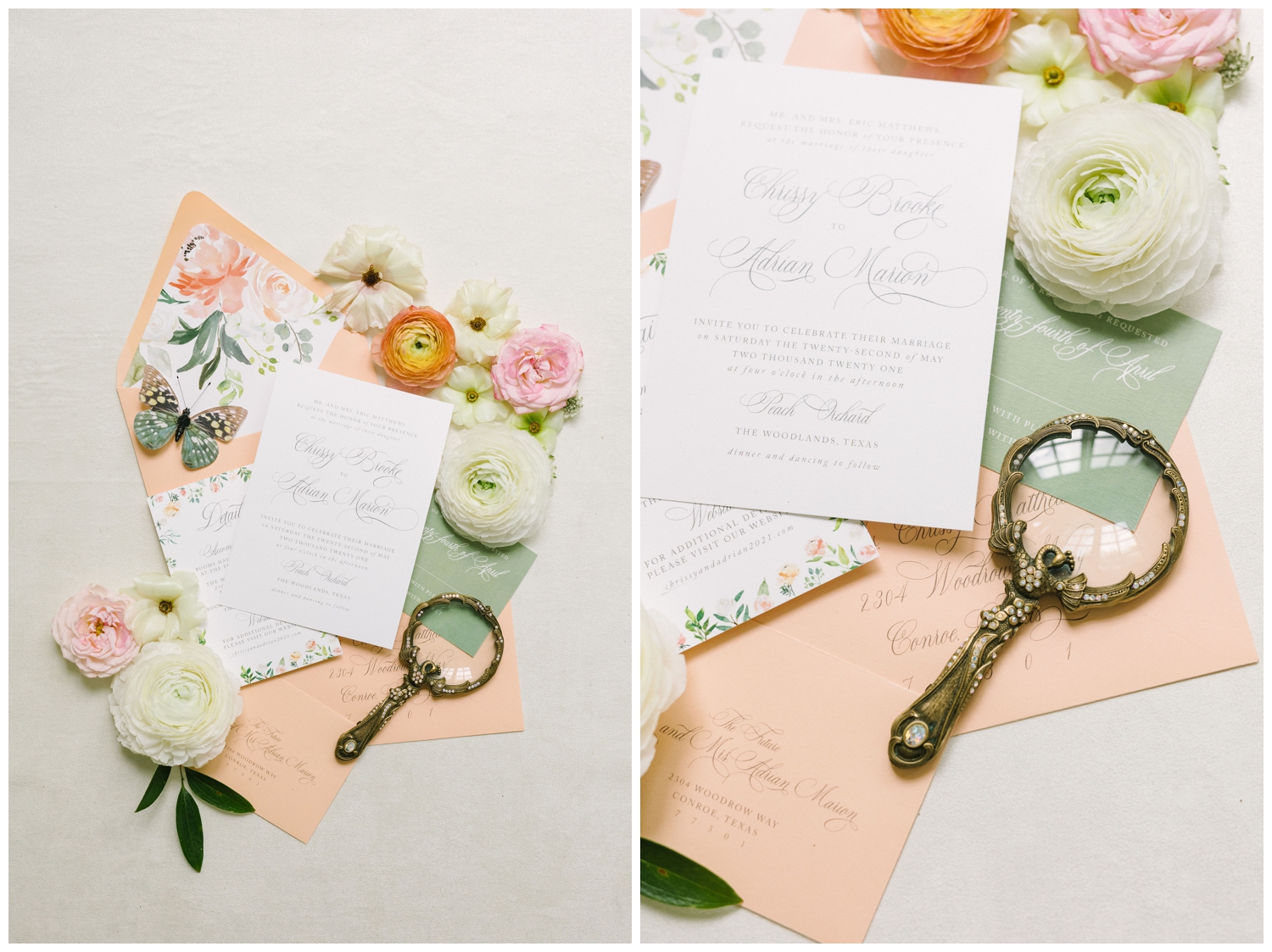 peach invitation suite flatlay with florals at The Peach Orchard