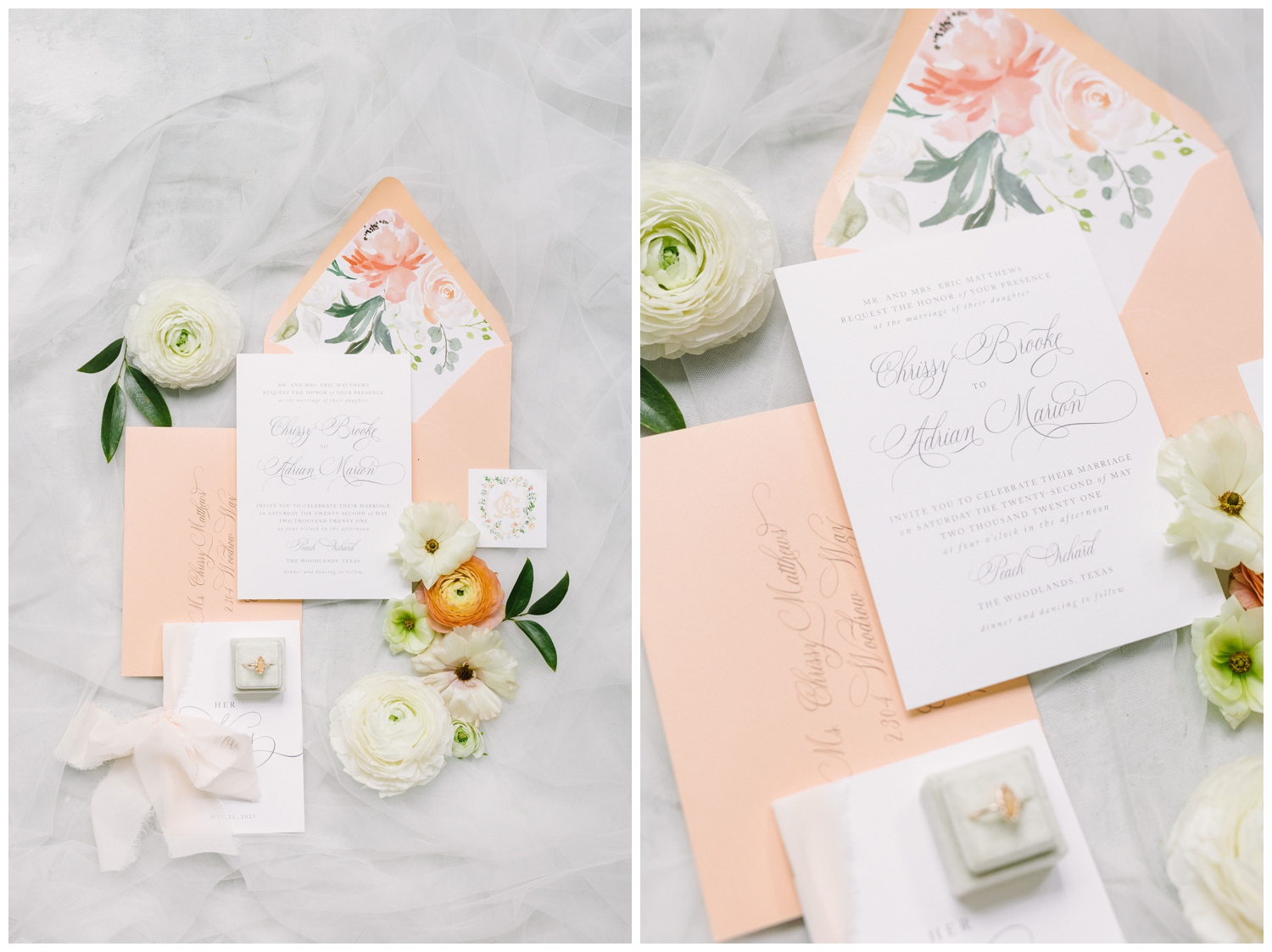 invitation flatlay with white, peach and sage green